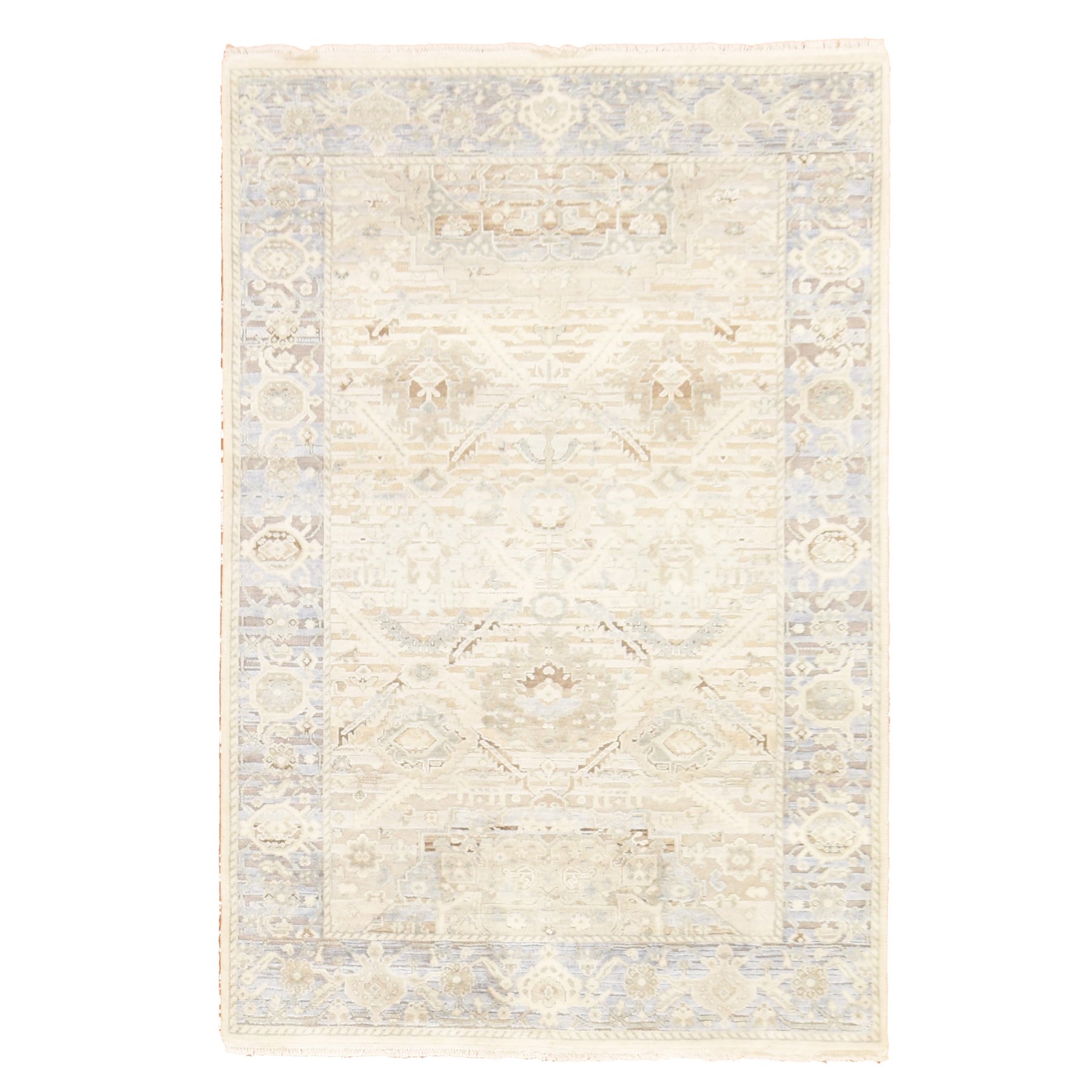 4'x6'2" Alabaster White, Oushak with Geometric Motif, Hand Knotted, Pure Silk and Textured Wool, Oriental Rug 
